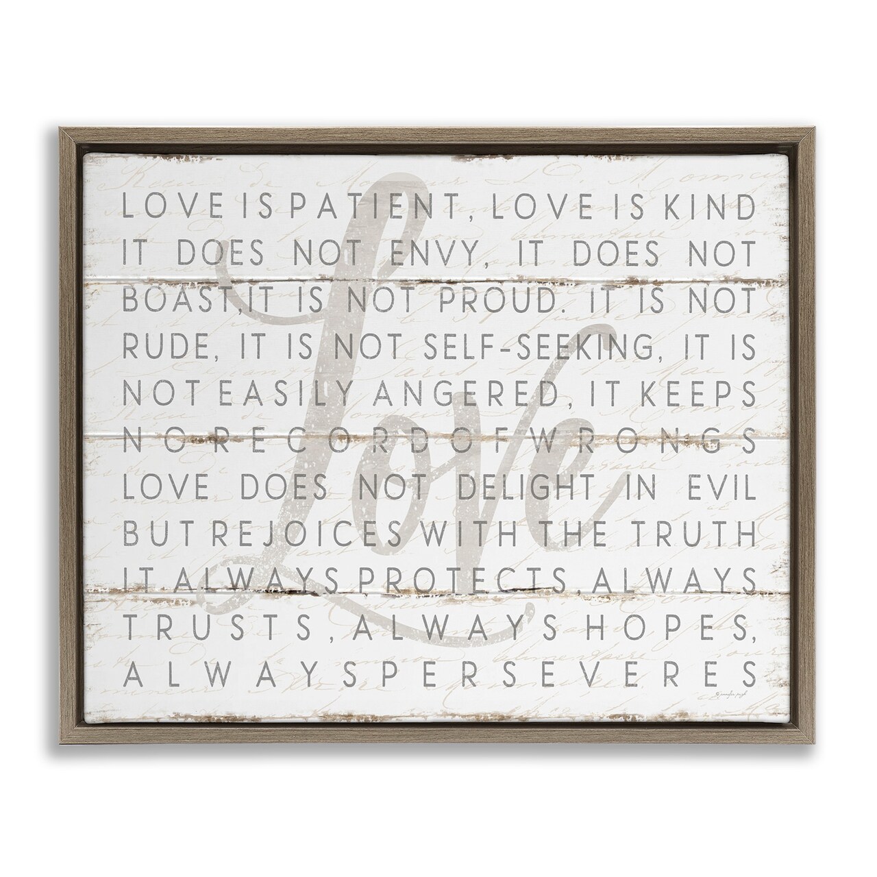 Stupell Industries Love Is Patient Grey on White Planked Look Framed Floater Canvas Wall Art